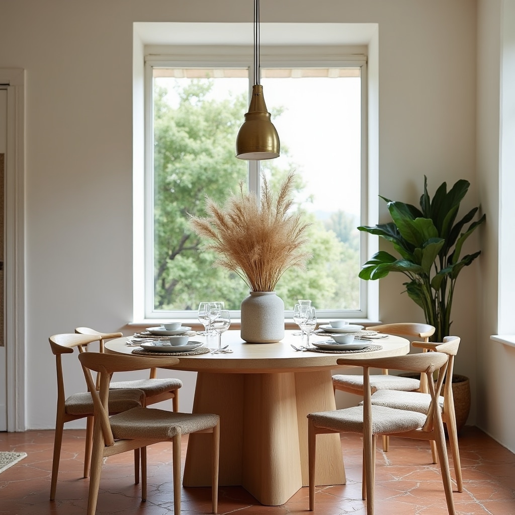 Staged dining room in a Cascais house with warm lighting and neutral table setting
