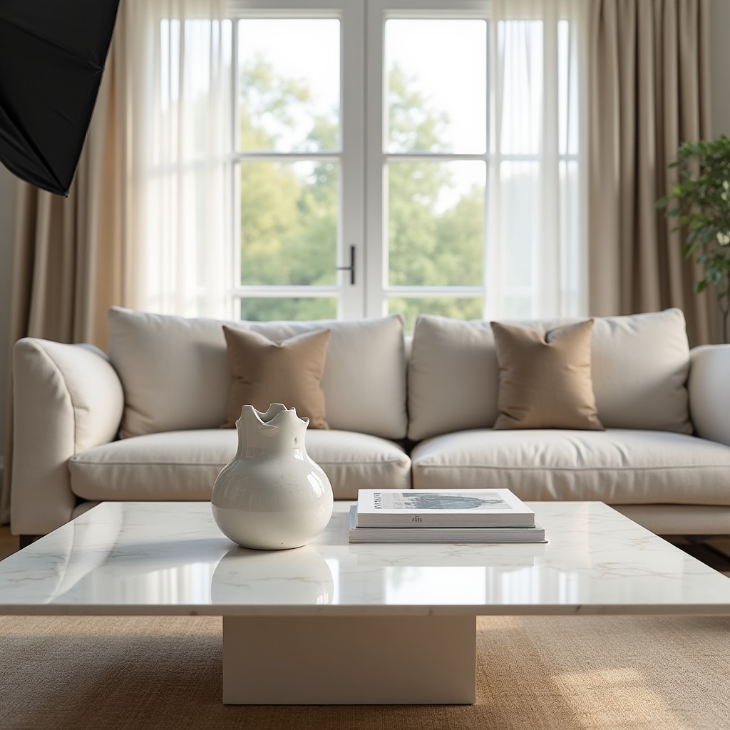 Professional lighting setup in a staged living room ready for property photography