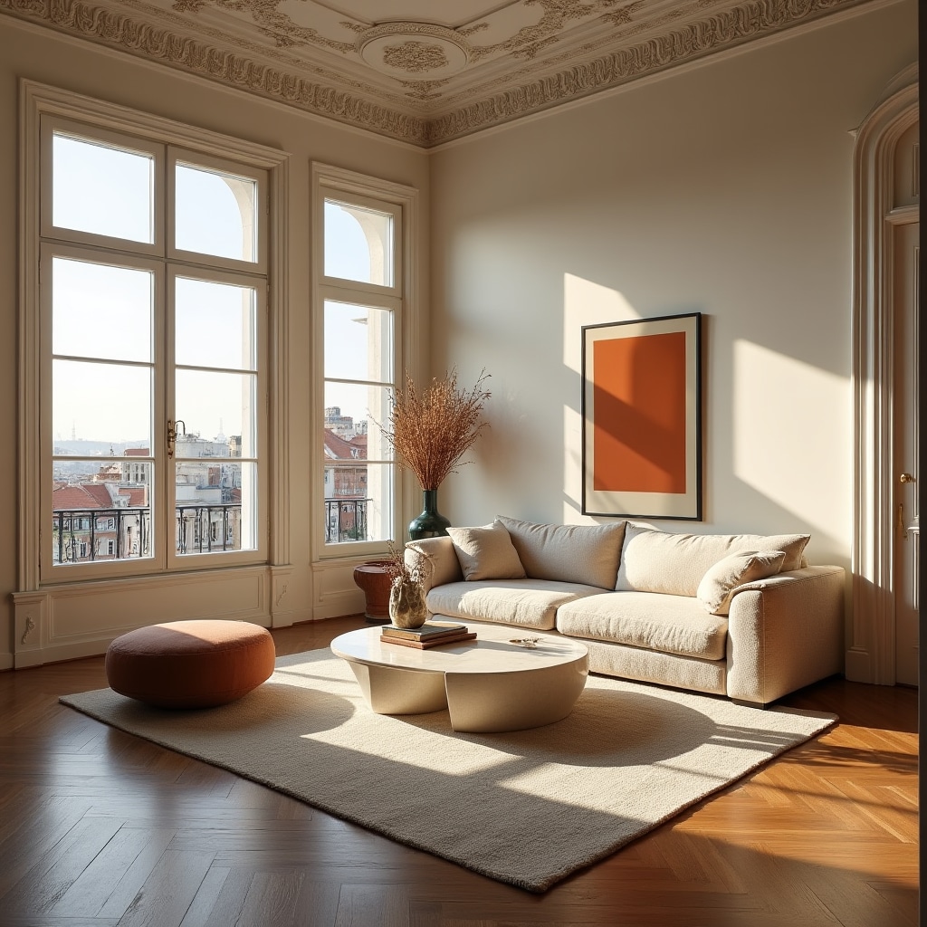 Staged living room in a Lisbon apartment with neutral styling and professional lighting