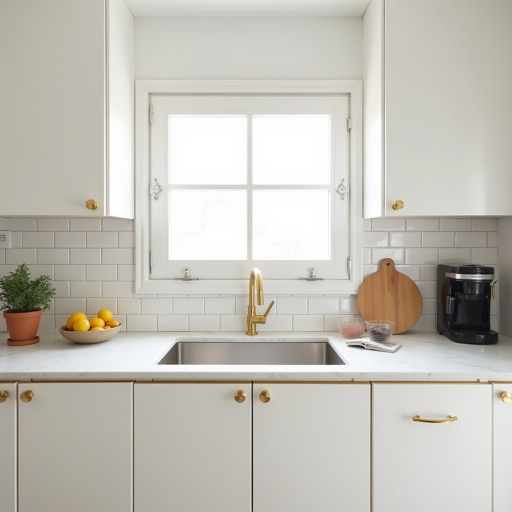 Bright, staged kitchen in a Porto apartment with clean surfaces and contemporary accessories