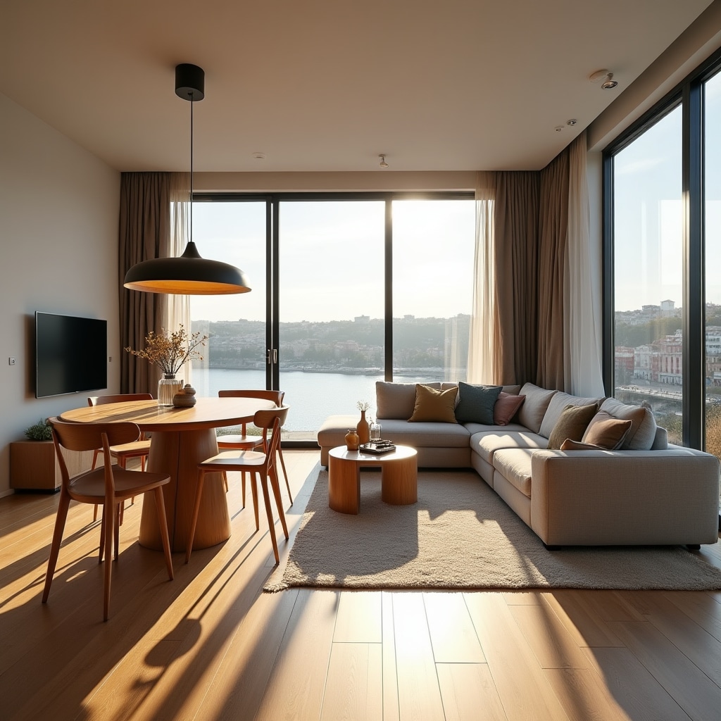 Staged apartment interior in Porto with contemporary neutral styling