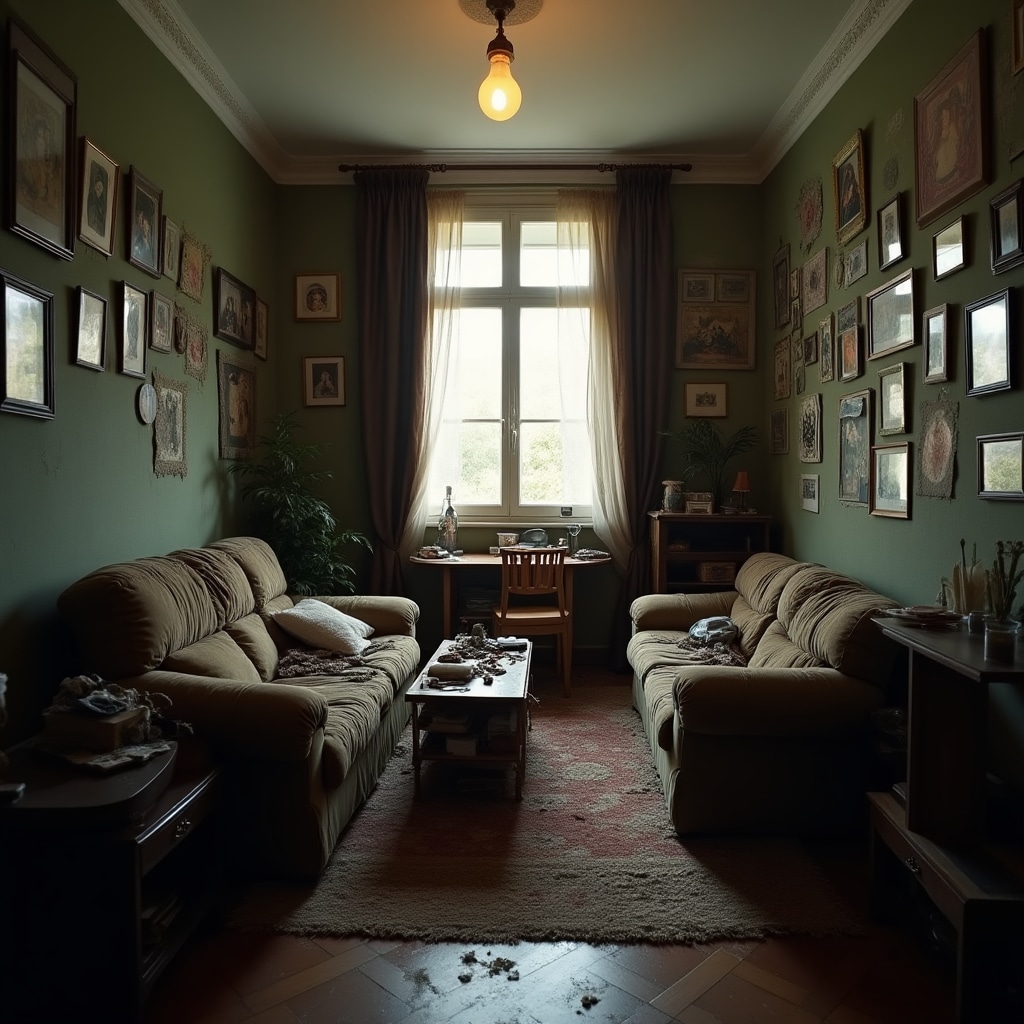 Cluttered, poorly lit living room before professional home staging